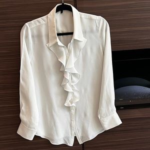 Theory Silk Ruffle-Front Collared Shirt